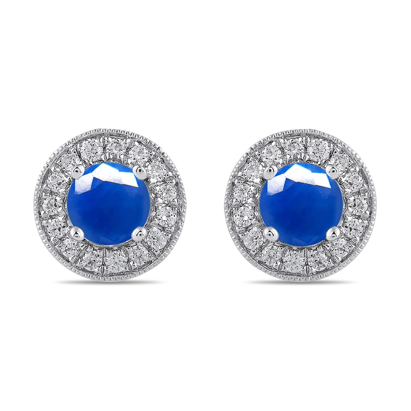 Main Image 2 of 6.0mm Blue Sapphire and 3/8 CT. T.W. Lab-Grown Diamond Frame Vintage-Style Stud Earrings in 14K White Gold