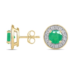 6.0mm Emerald and 3/8 CT. T.W. Lab-Grown Diamond Frame Vintage-Style Stud Earrings in 14K Gold