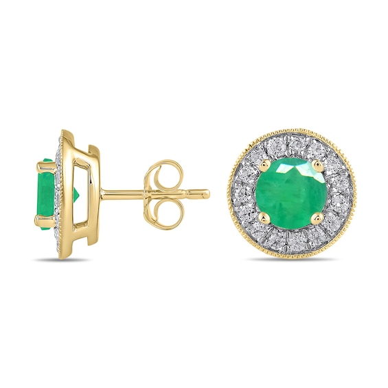 6.0mm Emerald and 3/8 CT. T.w. Lab-Grown Diamond Frame Vintage-Style Stud Earrings in 14K Gold