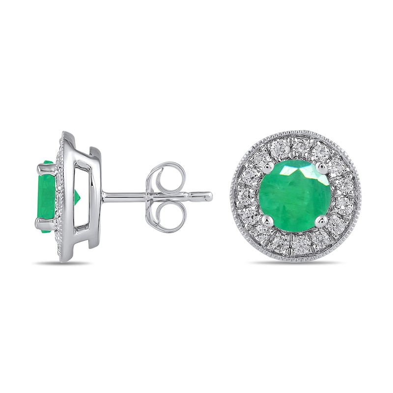 Main Image 1 of 6.0mm Emerald and 3/8 CT. T.W. Lab-Grown Diamond Frame Vintage-Style Stud Earrings in 14K White Gold