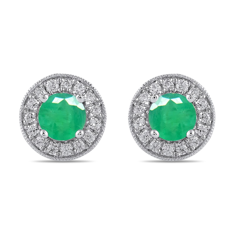 Main Image 2 of 6.0mm Emerald and 3/8 CT. T.W. Lab-Grown Diamond Frame Vintage-Style Stud Earrings in 14K White Gold