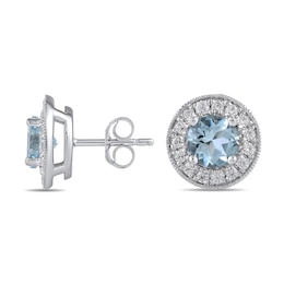 6.0mm Aquamarine and 3/8 CT. T.W. Lab-Grown Diamond Frame Vintage-Style Stud Earrings in 14K White Gold