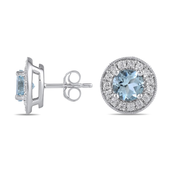 6.0mm Aquamarine and 3/8 CT. T.w. Lab-Grown Diamond Frame Vintage-Style Stud Earrings in 14K White Gold