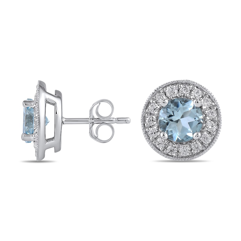 Main Image 1 of 6.0mm Aquamarine and 3/8 CT. T.W. Lab-Created Diamond Frame Vintage-Style Stud Earrings in 14K White Gold