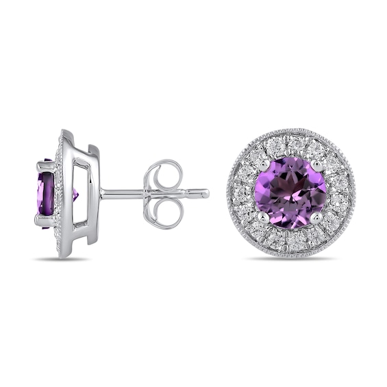6.0mm Amethyst and 3/8 CT. T.w. Lab-Grown Diamond Frame Vintage-Style Stud Earrings in 14K White Gold