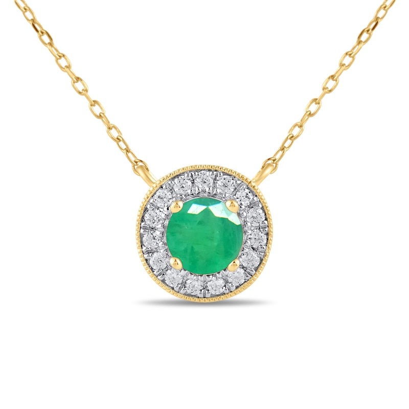 6.0mm Emerald and 1/5 CT. T.W. Lab-Created Diamond Frame Vintage-Style Necklace in 14K Gold