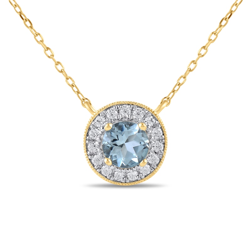Main Image 1 of 6.0mm Aquamarine and 1/5 CT. T.W. Lab-Grown Diamond Frame Vintage-Style Necklace in 14K Gold