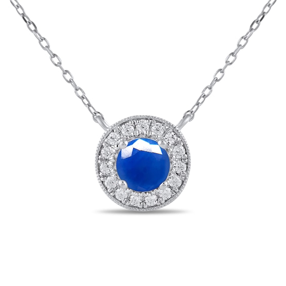6.0mm Blue Sapphire and 1/5 CT. T.w. Lab-Grown Diamond Frame Vintage-Style Necklace in 14K White Gold