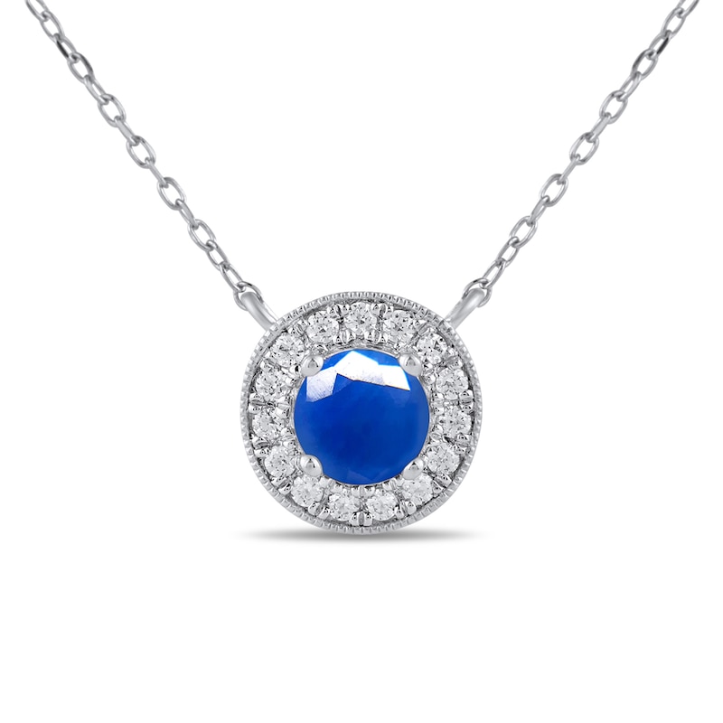 Main Image 1 of 6.0mm Blue Sapphire and 1/5 CT. T.W. Lab-Grown Diamond Frame Vintage-Style Necklace in 14K White Gold