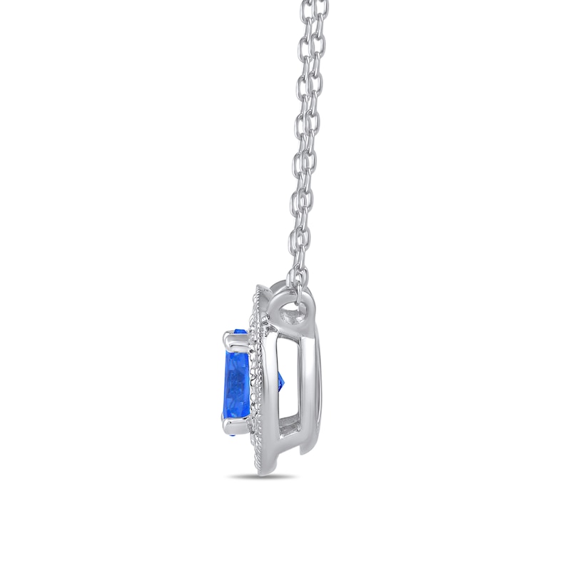 Main Image 2 of 6.0mm Blue Sapphire and 1/5 CT. T.W. Lab-Grown Diamond Frame Vintage-Style Necklace in 14K White Gold