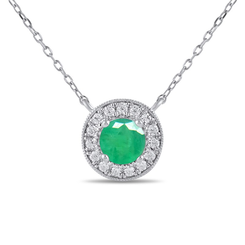 Main Image 1 of 6.0mm Emerald and 1/5 CT. T.W. Lab-Grown Diamond Frame Vintage-Style Necklace in 14K White Gold