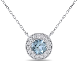 6.0mm Aquamarine and 1/5 CT. T.W. Lab-Grown Diamond Frame Vintage-Style Necklace in 14K White Gold