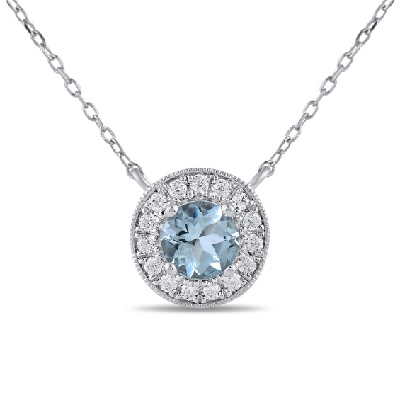 6.0mm Aquamarine and 1/5 CT. T.w. Lab-Grown Diamond Frame Vintage-Style Necklace in 14K White Gold