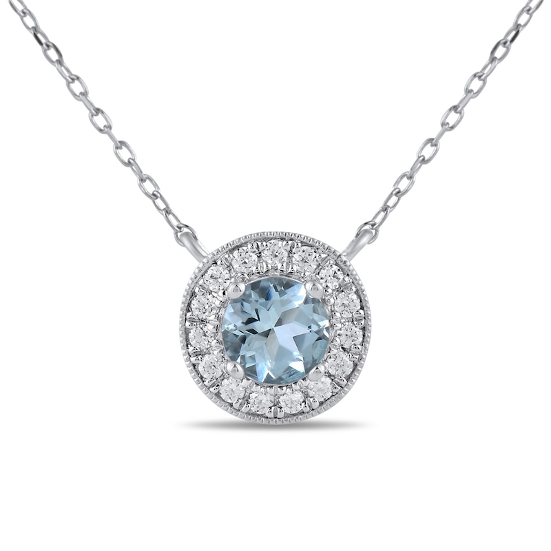 Main Image 1 of 6.0mm Aquamarine and 1/5 CT. T.W. Lab-Grown Diamond Frame Vintage-Style Necklace in 14K White Gold