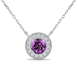 6.0mm Amethyst and 1/5 CT. T.W. Lab-Grown Diamond Frame Vintage-Style Necklace in 14K White Gold
