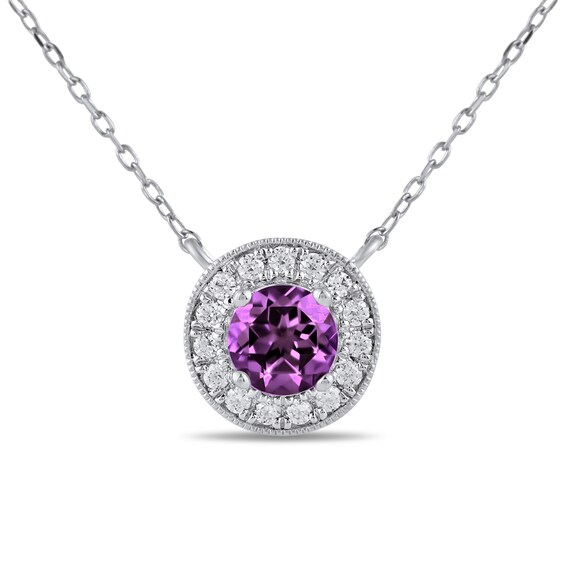 6.0mm Amethyst and 1/5 CT. T.w. Lab-Grown Diamond Frame Vintage-Style Necklace in 14K White Gold