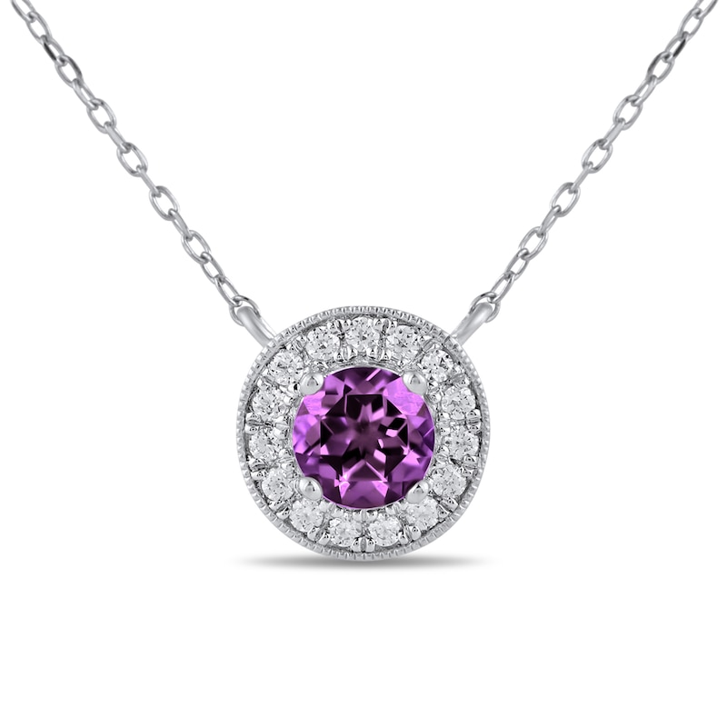 Main Image 1 of 6.0mm Amethyst and 1/5 CT. T.W. Lab-Grown Diamond Frame Vintage-Style Necklace in 14K White Gold
