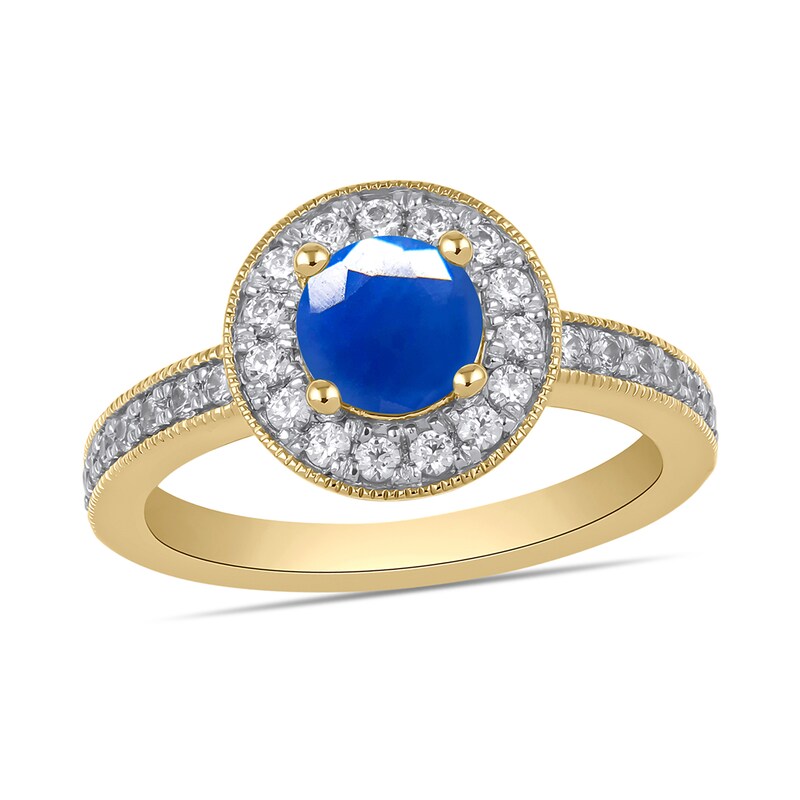 Main Image 1 of 6.0mm Blue Sapphire and 3/8 CT. T.W. Lab-Grown Diamond Frame Vintage-Style Ring in 14K Gold