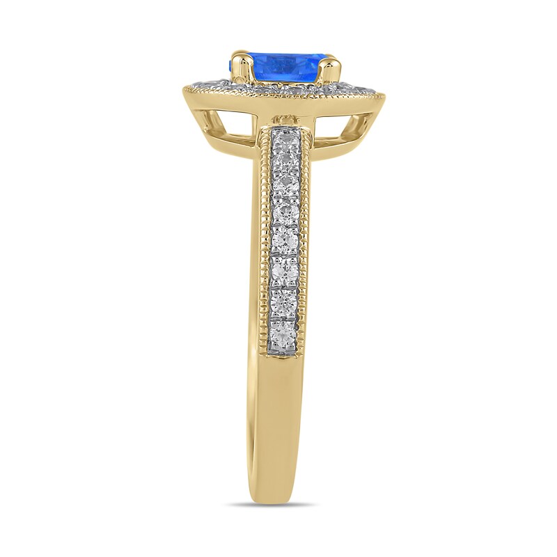 Main Image 2 of 6.0mm Blue Sapphire and 3/8 CT. T.W. Lab-Grown Diamond Frame Vintage-Style Ring in 14K Gold