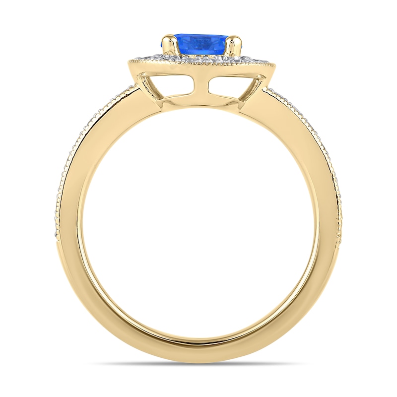 Main Image 3 of 6.0mm Blue Sapphire and 3/8 CT. T.W. Lab-Grown Diamond Frame Vintage-Style Ring in 14K Gold