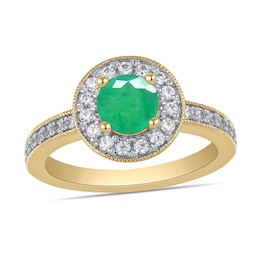 6.0mm Emerald and 3/8 CT. T.W. Lab-Grown Diamond Frame Vintage-Style Ring in 14K Gold