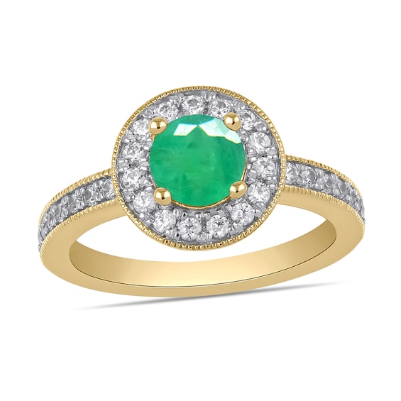 6.0mm Emerald and 3/8 CT. T.w. Lab-Grown Diamond Frame Vintage-Style Ring in 14K Gold