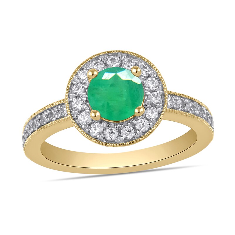 Main Image 1 of 6.0mm Emerald and 3/8 CT. T.W. Lab-Grown Diamond Frame Vintage-Style Ring in 14K Gold