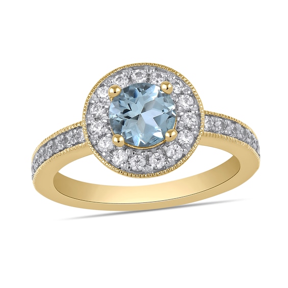 6.0mm Aquamarine and 3/8 CT. T.w. Lab-Grown Diamond Frame Vintage-Style Ring in 14K Gold