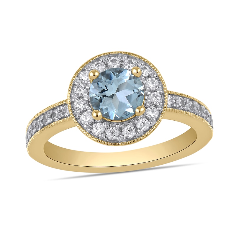 Main Image 1 of 6.0mm Aquamarine and 3/8 CT. T.W. Lab-Grown Diamond Frame Vintage-Style Ring in 14K Gold