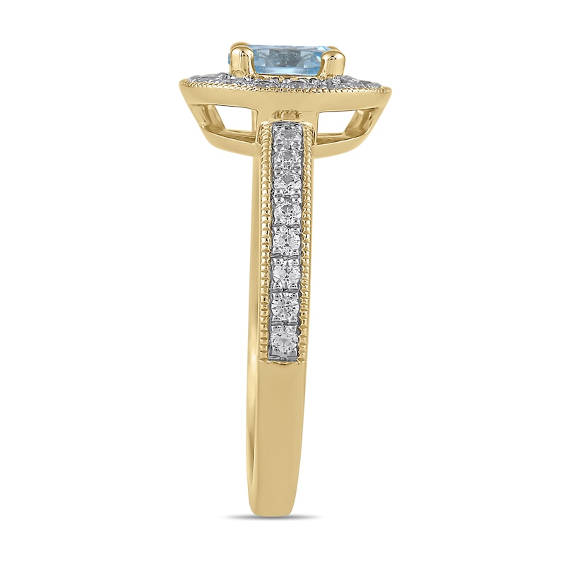 Main Image 3 of 6.0mm Aquamarine and 3/8 CT. T.W. Lab-Grown Diamond Frame Vintage-Style Ring in 14K Gold