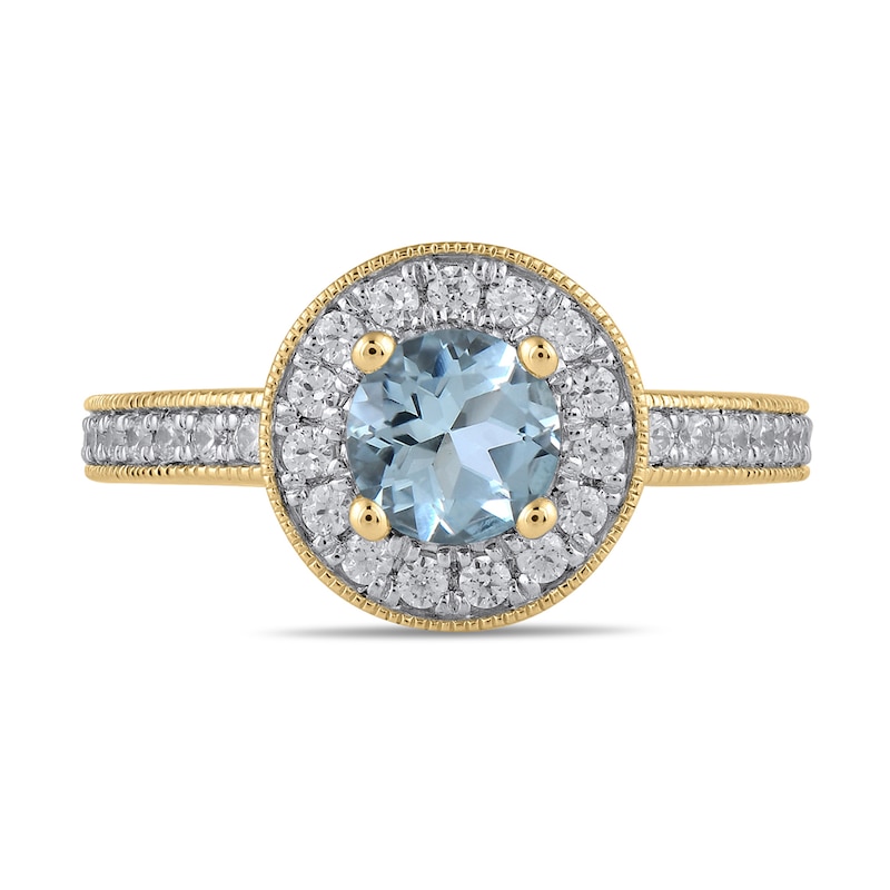 Main Image 4 of 6.0mm Aquamarine and 3/8 CT. T.W. Lab-Grown Diamond Frame Vintage-Style Ring in 14K Gold