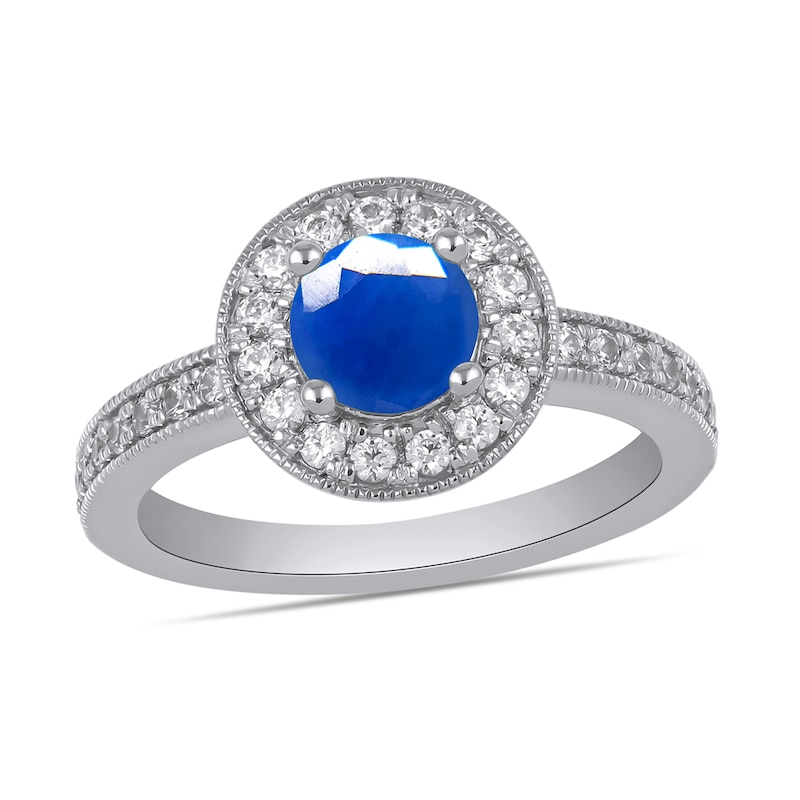Main Image 1 of 6.0mm Blue Sapphire and 3/8 CT. T.W. Lab-Created Diamond Frame Vintage-Style Ring in 14K White Gold