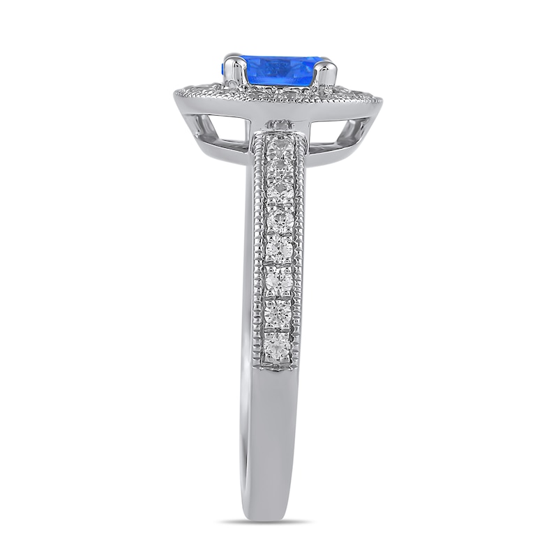 Main Image 2 of 6.0mm Blue Sapphire and 3/8 CT. T.W. Lab-Created Diamond Frame Vintage-Style Ring in 14K White Gold