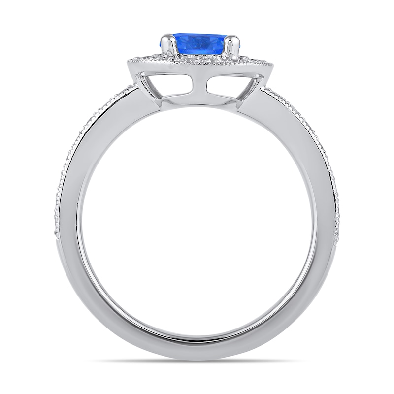 Main Image 3 of 6.0mm Blue Sapphire and 3/8 CT. T.W. Lab-Created Diamond Frame Vintage-Style Ring in 14K White Gold