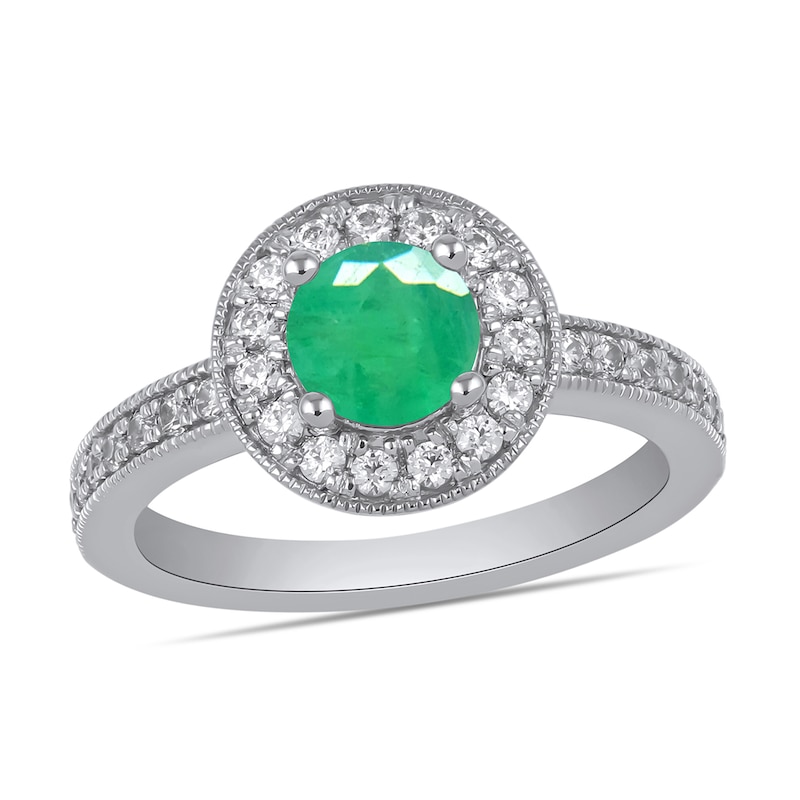 Main Image 1 of 6.0mm Emerald and 3/8 CT. T.W. Lab-Grown Diamond Frame Vintage-Style Ring in 14K White Gold
