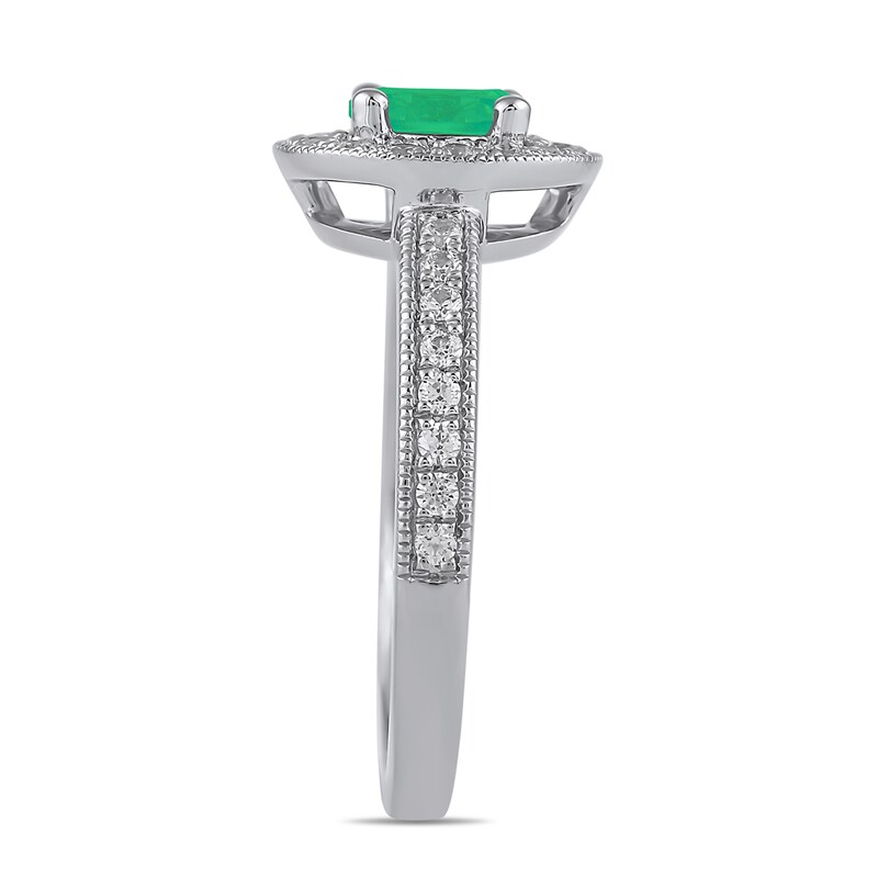 Main Image 2 of 6.0mm Emerald and 3/8 CT. T.W. Lab-Grown Diamond Frame Vintage-Style Ring in 14K White Gold