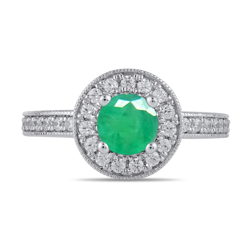 Main Image 4 of 6.0mm Emerald and 3/8 CT. T.W. Lab-Grown Diamond Frame Vintage-Style Ring in 14K White Gold