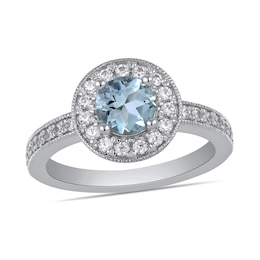 6.0mm Aquamarine and 3/8 CT. T.W. Lab-Grown Diamond Frame Vintage-Style Ring in 14K White Gold