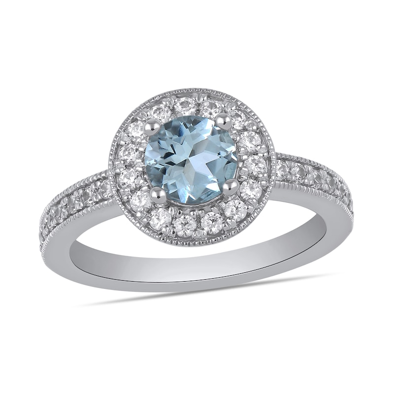 Main Image 1 of 6.0mm Aquamarine and 3/8 CT. T.W. Lab-Grown Diamond Frame Vintage-Style Ring in 14K White Gold