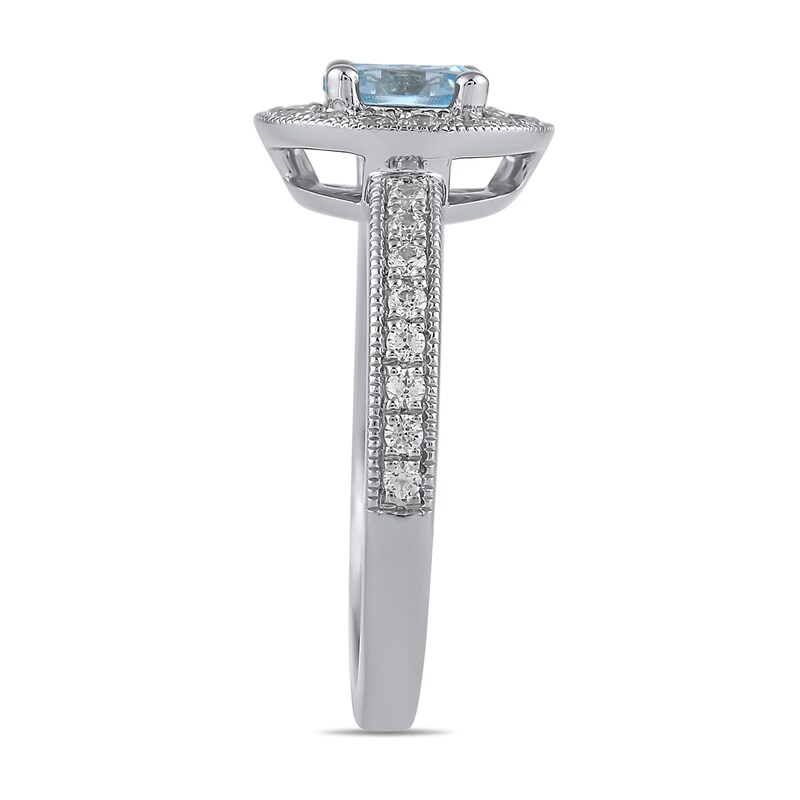 Main Image 3 of 6.0mm Aquamarine and 3/8 CT. T.W. Lab-Grown Diamond Frame Vintage-Style Ring in 14K White Gold
