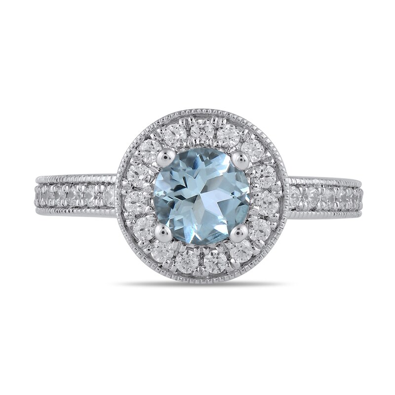 Main Image 4 of 6.0mm Aquamarine and 3/8 CT. T.W. Lab-Grown Diamond Frame Vintage-Style Ring in 14K White Gold