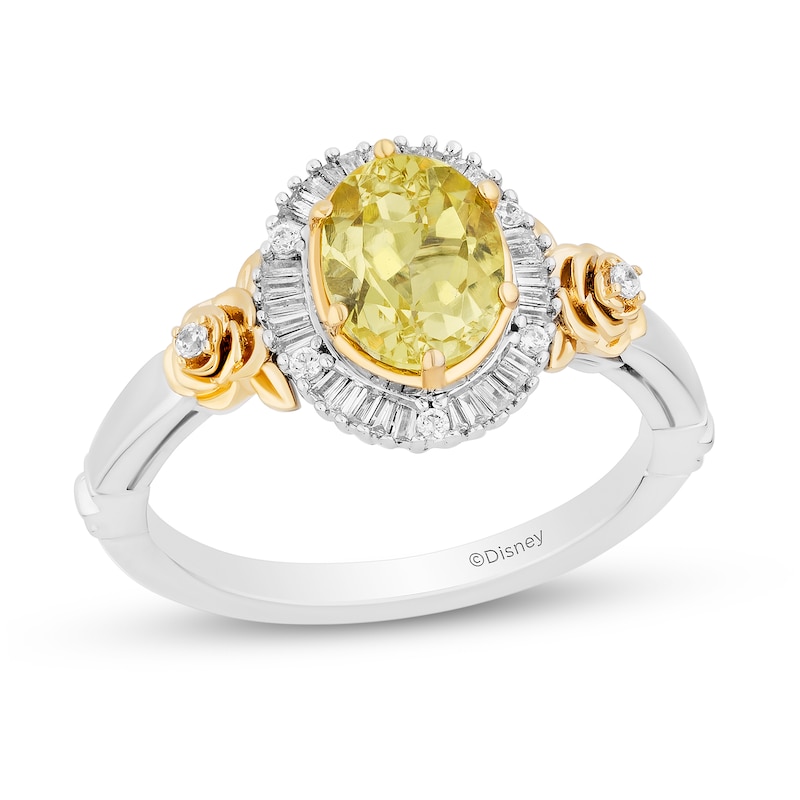 Main Image 1 of Enchanted Disney Belle Lemon Quartz and 1/5 CT. T.W. Diamond Frame Rose-Sides Ring in Sterling Silver and 10K Gold
