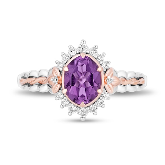 Enchanted Disney Rapunzel Oval Amethyst and Diamond Frame Braided Shank Ring in Sterling Silver and 10K Rose Gold