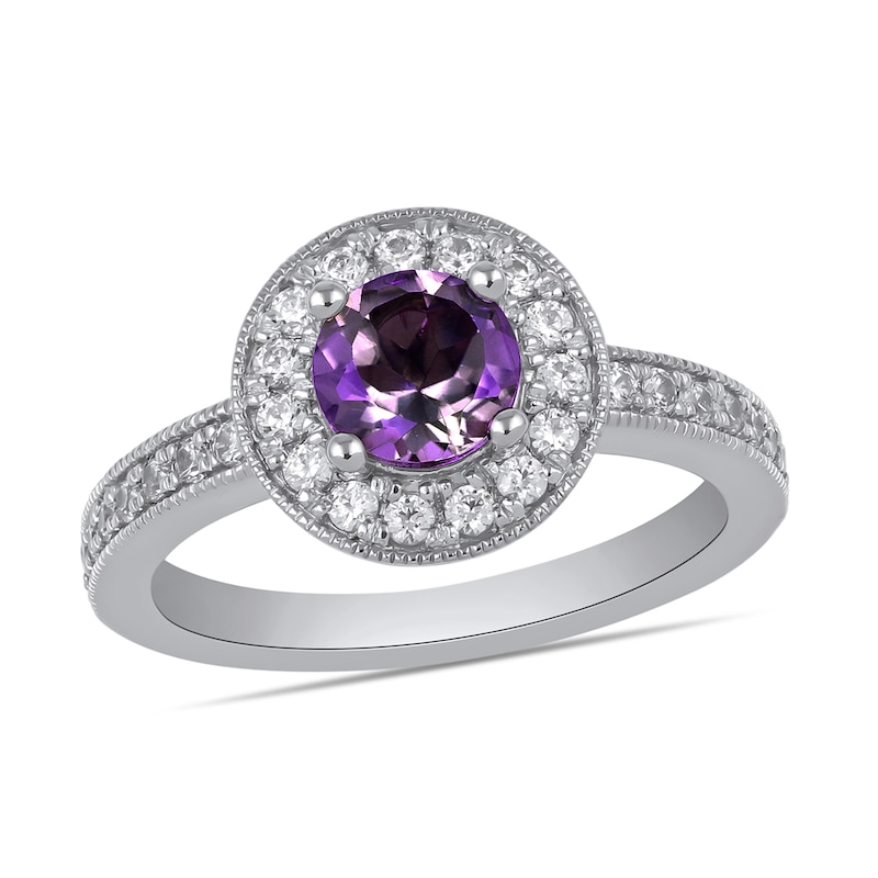 Main Image 1 of 6.0mm Amethyst and 3/8 CT. T.W. Lab-Grown Diamond Frame Vintage-Style Ring in 14K White Gold