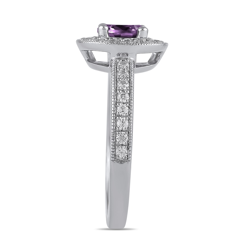 Main Image 2 of 6.0mm Amethyst and 3/8 CT. T.W. Lab-Grown Diamond Frame Vintage-Style Ring in 14K White Gold