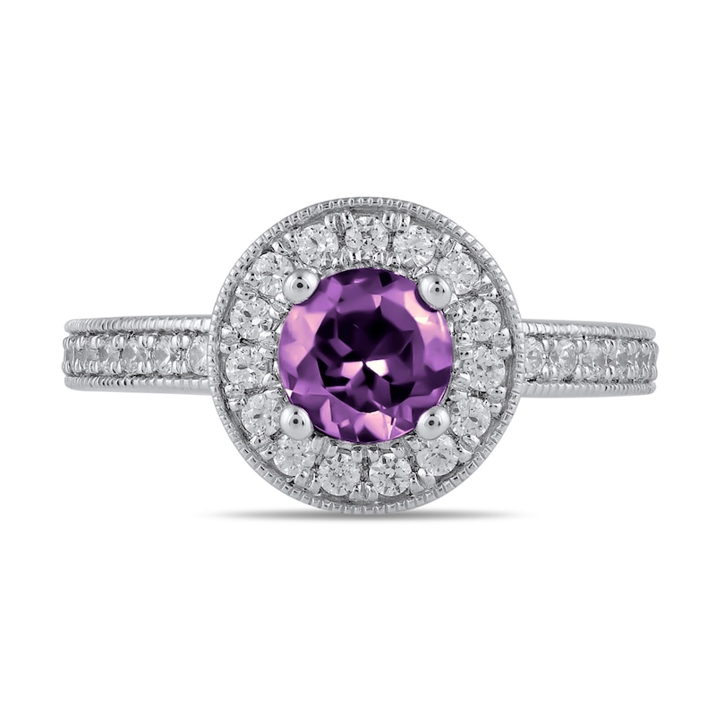 Main Image 4 of 6.0mm Amethyst and 3/8 CT. T.W. Lab-Grown Diamond Frame Vintage-Style Ring in 14K White Gold
