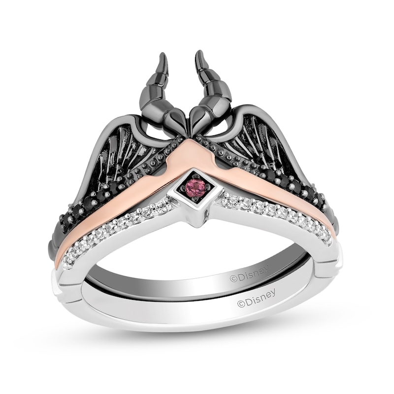 Main Image 1 of Enchanted Disney Tourmaline and 1/6 CT. T.W. Diamond Tiara and Horn Ring Set in Sterling Silver and 10K Rose Gold