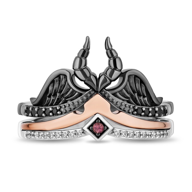 Enchanted Disney Tourmaline and 1/6 CT. T.W. Diamond Tiara and Horn Ring Set in Sterling Silver and 10K Rose Gold