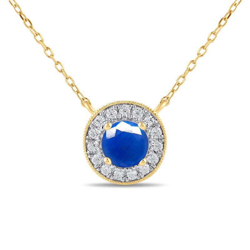 Main Image 1 of 6.0mm Blue Sapphire and 1/5 CT. T.W. Lab-Grown Diamond Frame Vintage-Style Necklace in 14K Gold