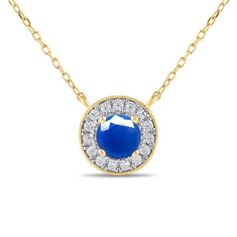 6.0mm Blue Sapphire and 1/5 CT. T.W. Lab-Created Diamond Frame Vintage-Style Necklace in 14K Gold